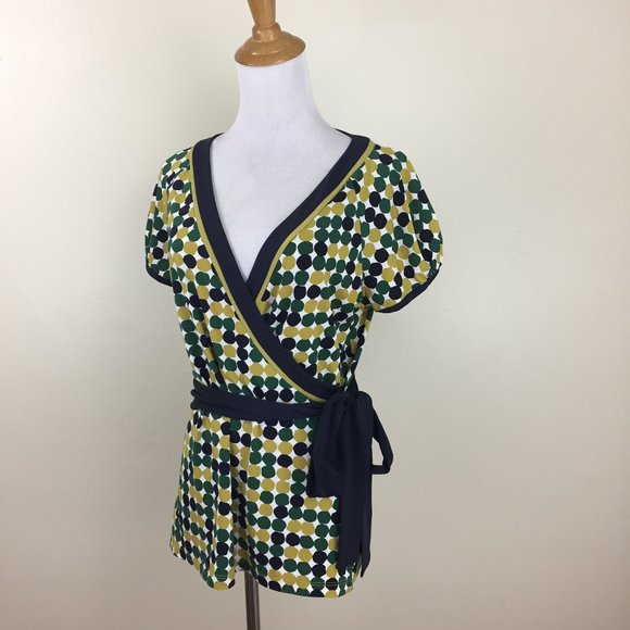 BCBGMAXAZRIA Multi Color Dots Style Print Belted Short Sleeve Wrap Shirt Top - Picture 1 of 9